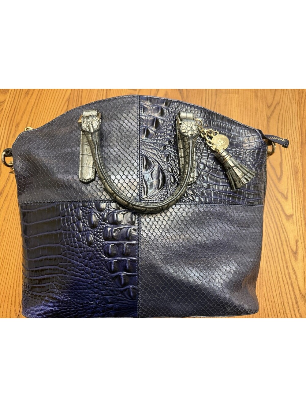Brahmin Large Duxbury Satchel Navy & Gray With Gold Hardware Cricket Embossed